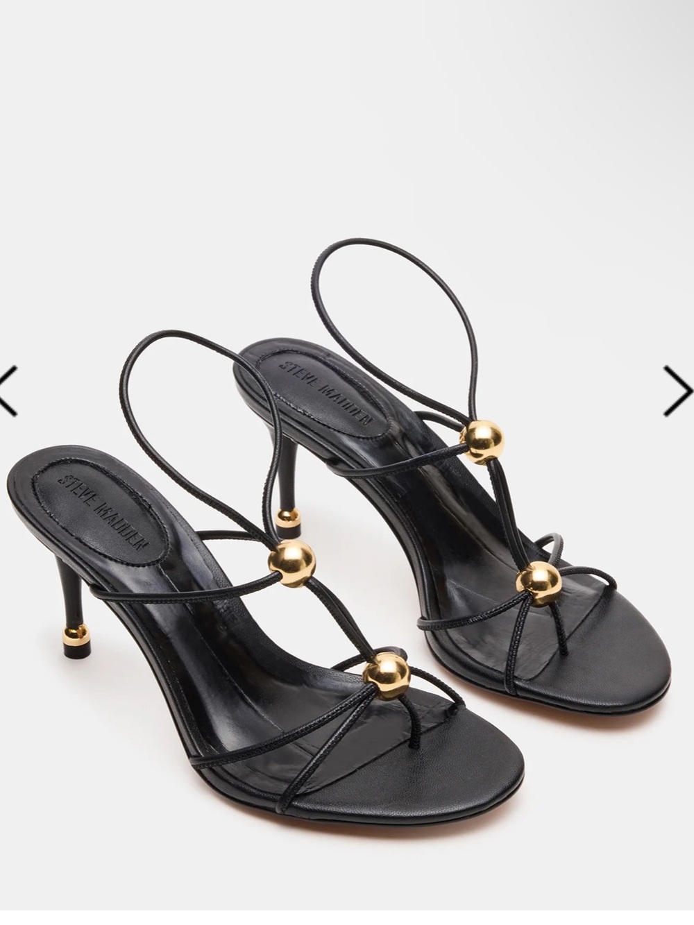 Steve Madden Ramos Black Strappy Heeled Sandals with Gold Orbs